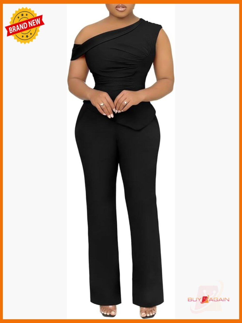 Two Piece Set: One Shoulder Ruched Top & Wide Leg Pant Suit